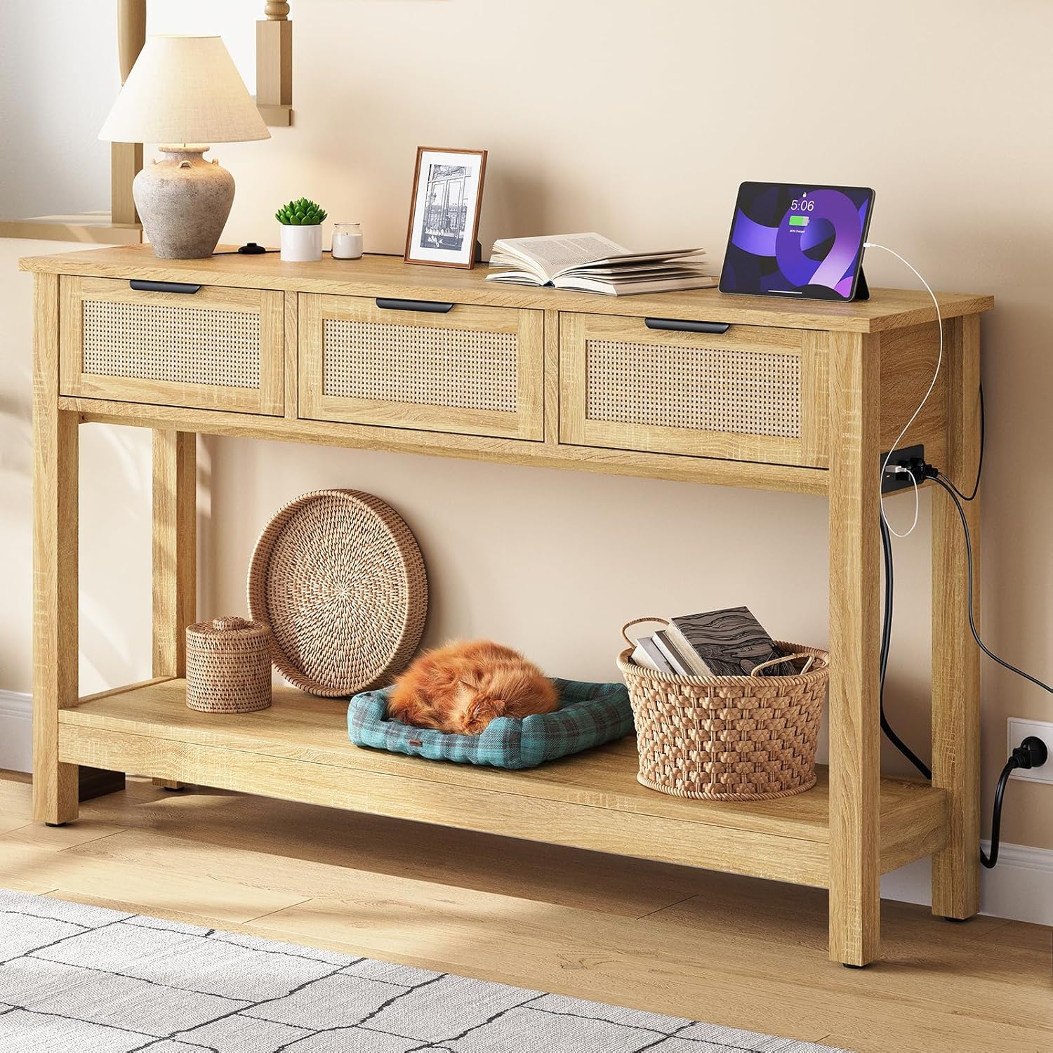 Luoxiao Entryway Console Table with 3 Rattan Drawers - Long Sofa Table Behind Couch Modern Fluted Hallway Living Room Storage Cabinet, Entry Table Open Shelf Foyer Furniture, Anti-Tip, Black, 47 Inch