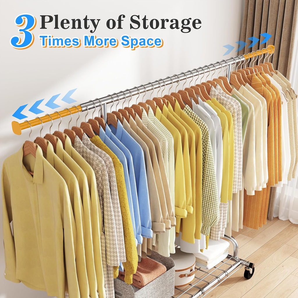 Raybee 75" W Heavy Duty Clothes Rack, 530 LBS Clothing Racks for Hanging Clothes, Rolling Clothing Rack with Sturdy Wheels, Metal Garment Rack for Bedroom, Laundry Room, Retail Store, Chrome