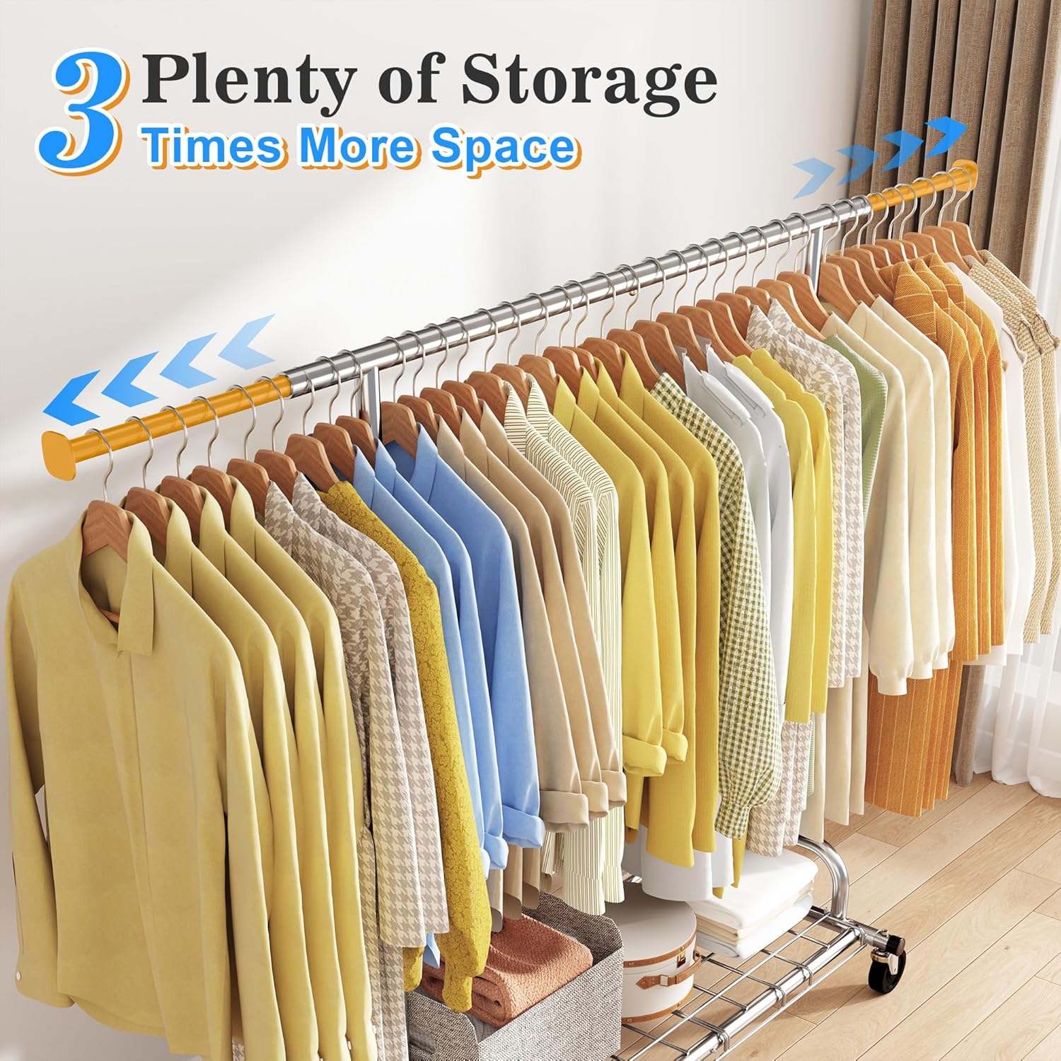 Raybee 75" W Heavy Duty Clothes Rack, 530 LBS Clothing Racks for Hanging Clothes, Rolling Clothing Rack with Sturdy Wheels, Metal Garment Rack for Bedroom, Laundry Room, Retail Store, Chrome