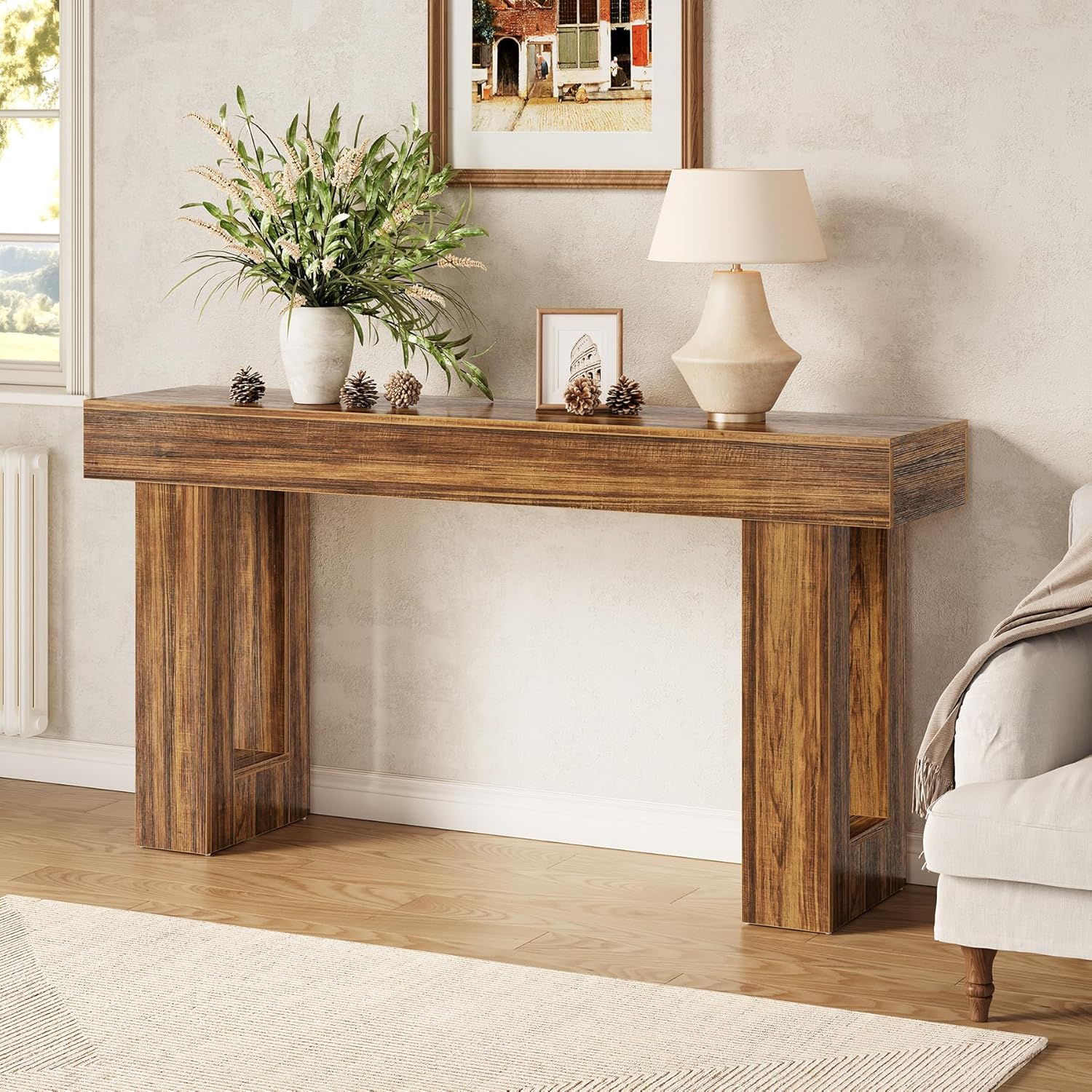 LITTLE TREE 63 Inches Long Console Table for Entryway, Sofa Table Behind Couch, Wooden Entry Table Foyer Hallway Table, Industrial Console Sofa Table for Living Room, Oak Color