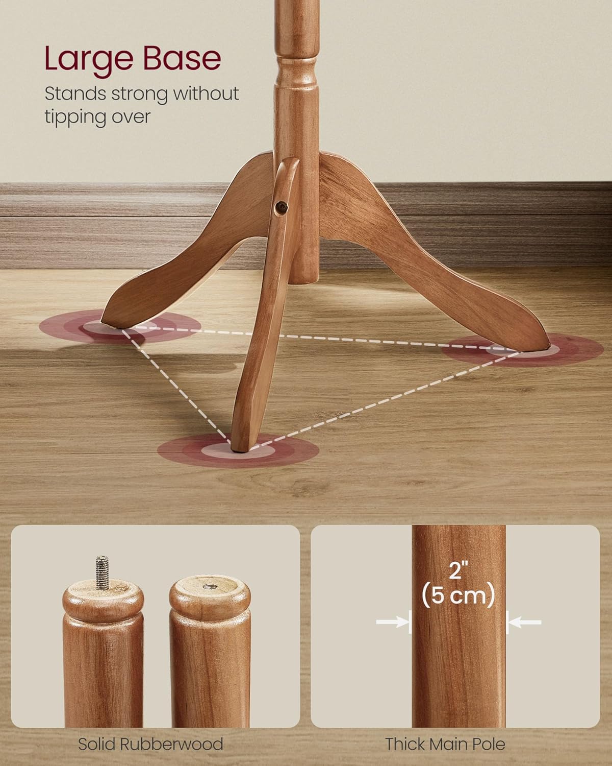 VASAGLE Solid Wood Coat Rack and Stand, Free Standing Hall Coat Tree with 10 Hooks for Hats, Bags, Purses, for Entryway, Hallway, Rubberwood, Caramel Brown URCR03WN