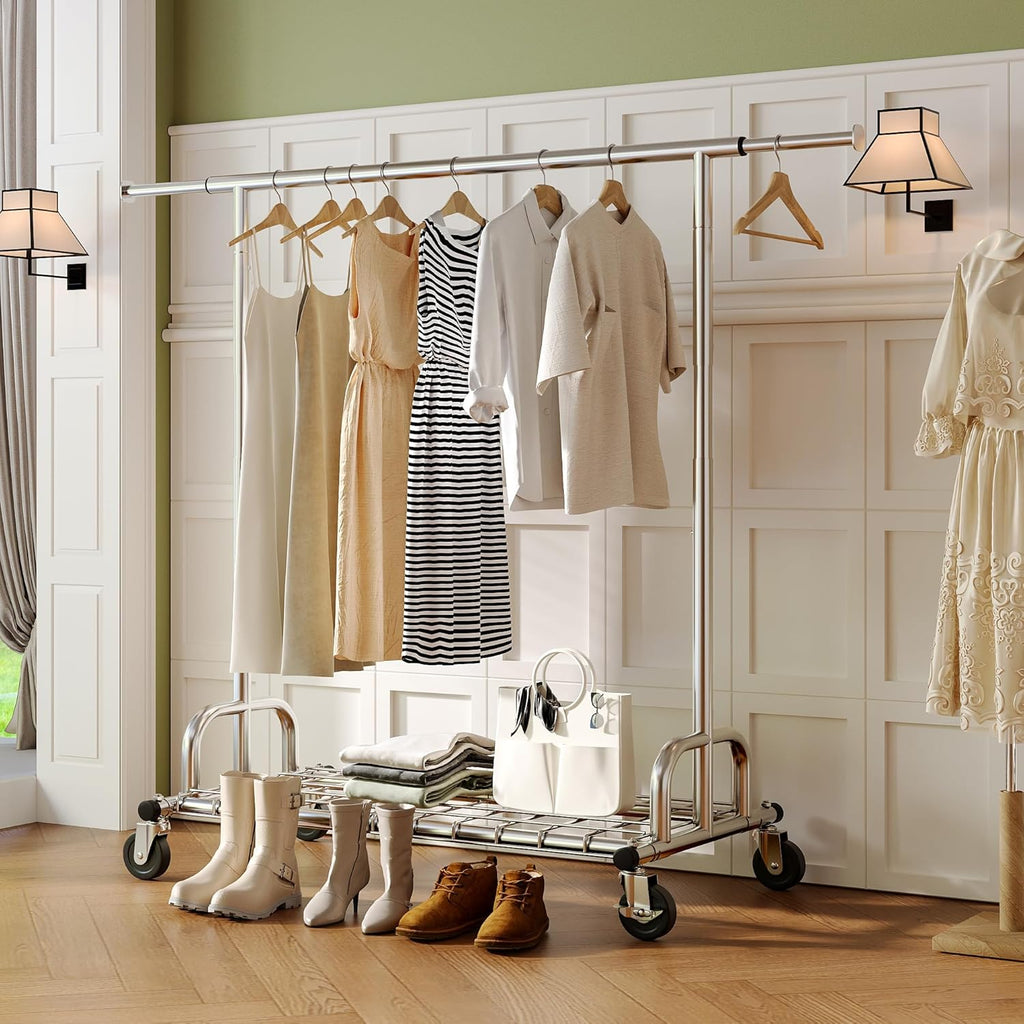Raybee 75" W Heavy Duty Clothes Rack, 530 LBS Clothing Racks for Hanging Clothes, Rolling Clothing Rack with Sturdy Wheels, Metal Garment Rack for Bedroom, Laundry Room, Retail Store, Chrome