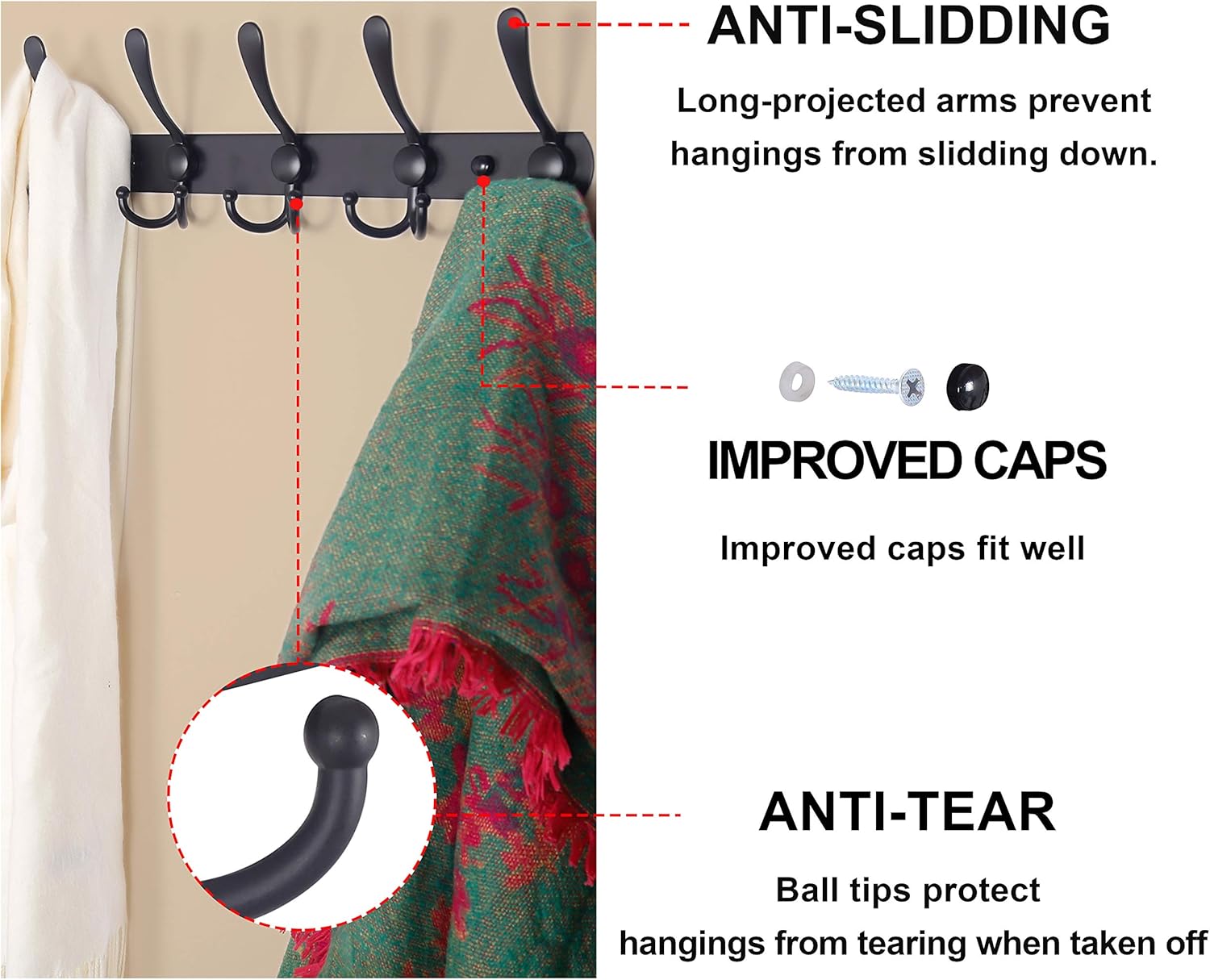Dseap Coat Rack Wall Mounted - 5 Tri Hooks, Heavy Duty, Stainless Steel, Metal Coat Hook Rail for Coat Hat Towel Purse Robes Mudroom Bathroom Entryway (Black, 2 Packs)