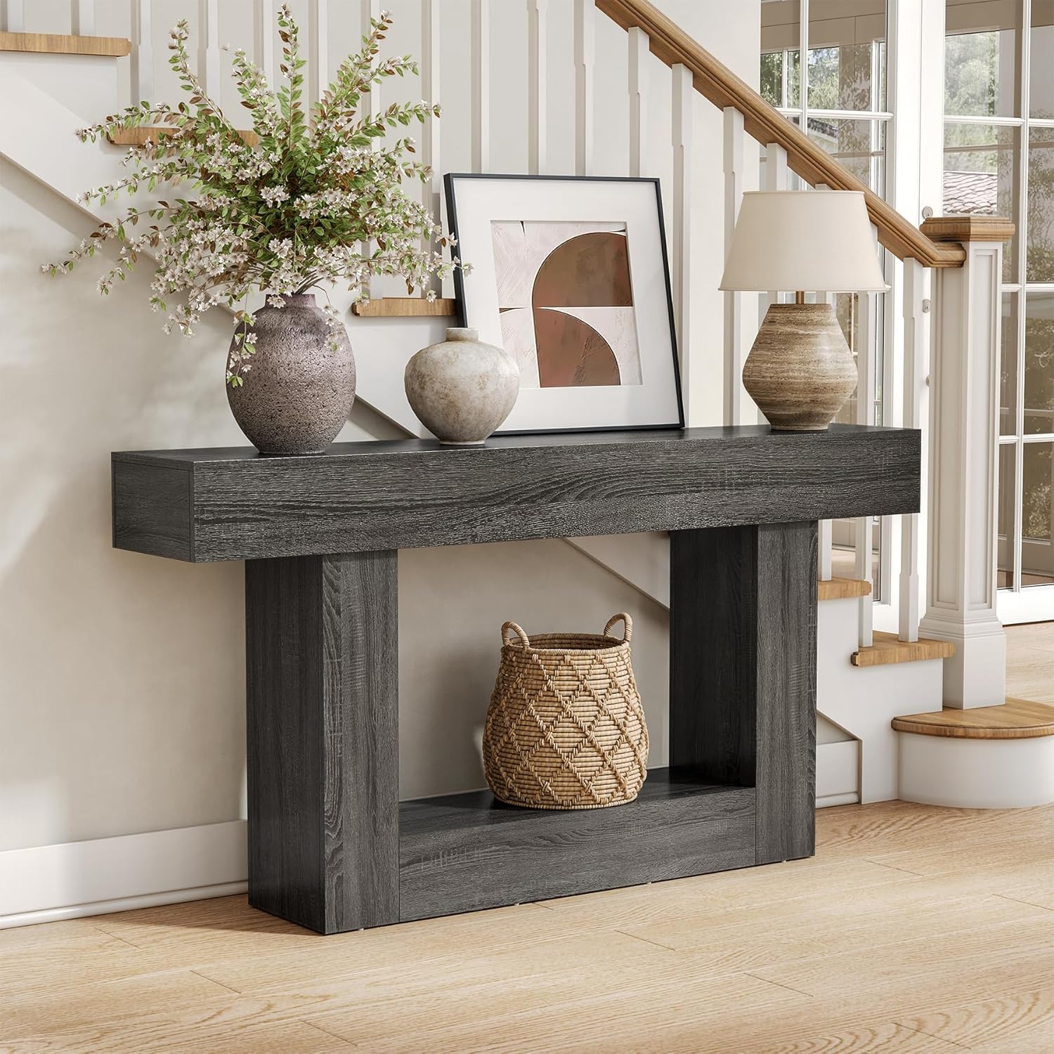 LITTLE TREE 63 Inches Long Console Table, 2-Tier Farmhouse Sofa Table Behind Couch, Large Narrow Entryway Table for Living Room, Wooden Hallway Foyer Table with Heavy Duty Base, Rustic Brown and Grey