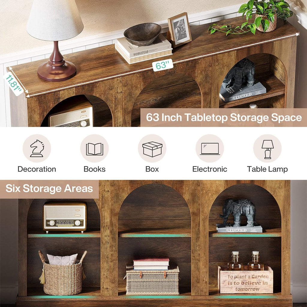 Tribesigns Farmhouse Console Table, 63-Inch Long Entryway Table with 3 Tier Storage, Wooden Rectangular Sofa Table Behind The Couch for Entrance, Hallway, Living Room, Brown | Entryway Table, 3 Tier Storage, Rectangular, Sofa Table, Behind The Couch, Entr