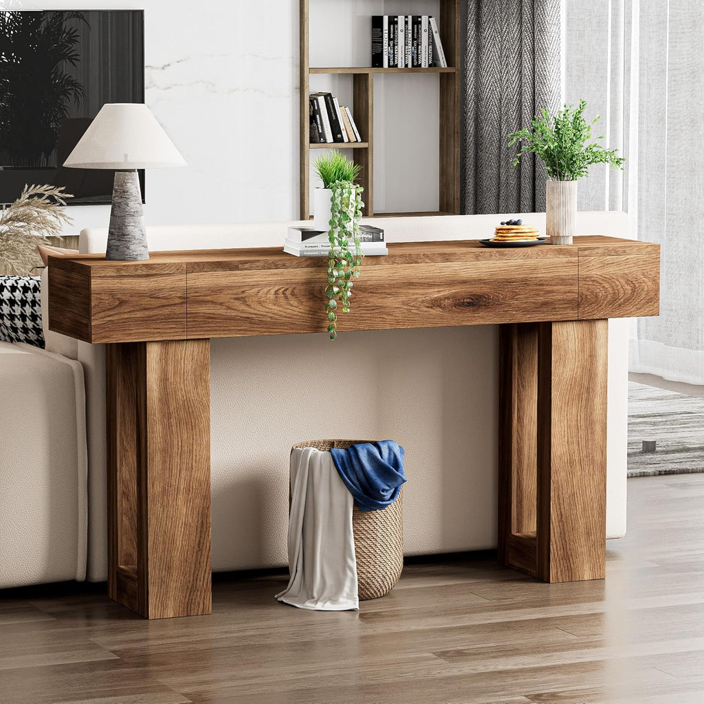 63 Inch Long Console Table, Narrow Rectangular Sofa Table Behind The Couch, Farmhouse Entryway Table for Entrance, Hallway, Living Room (Brown)