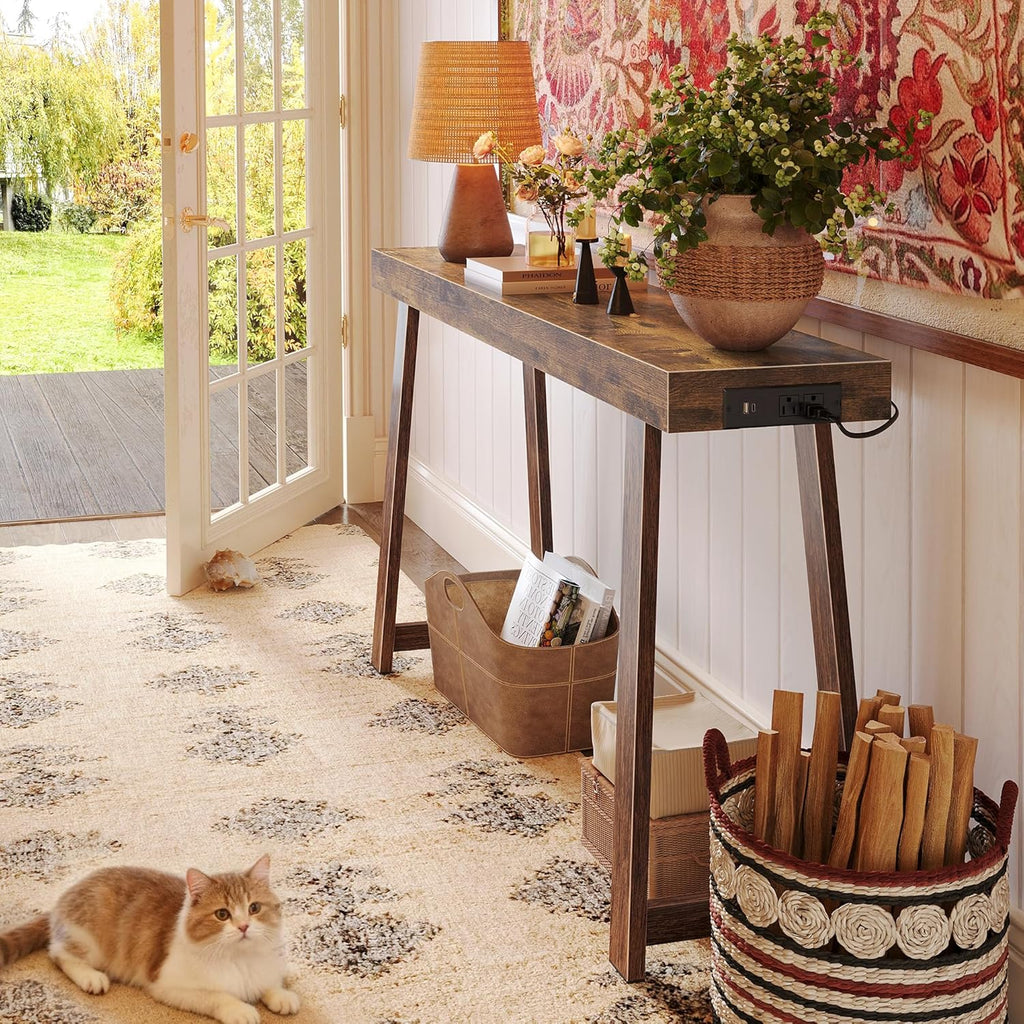 Huuger Entryway Console Table with Charging Station, USB-C Port, 47.2 Inch Sofa Table with Metal Legs, Entry Hallway Table with Thicker Desktop, Modern Behind Couch Table, Rustic Brown