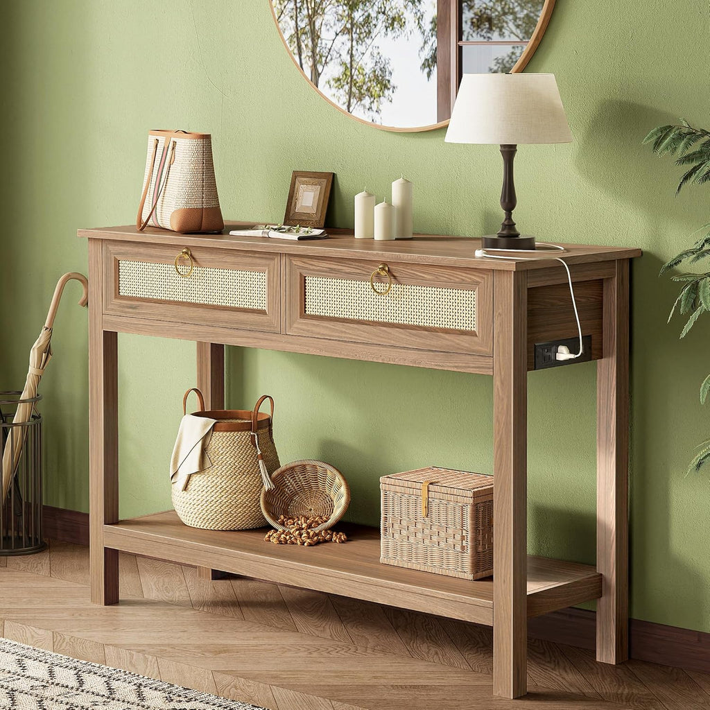 SUPERJARE Rattan Console Sofa Table with Outlets and USB-C Port, 3 Drawer Entryway Table with Synthetic Rattan Surface, Open Shelf, Behind Couch Entry Foyer Hallway Storage, Natural