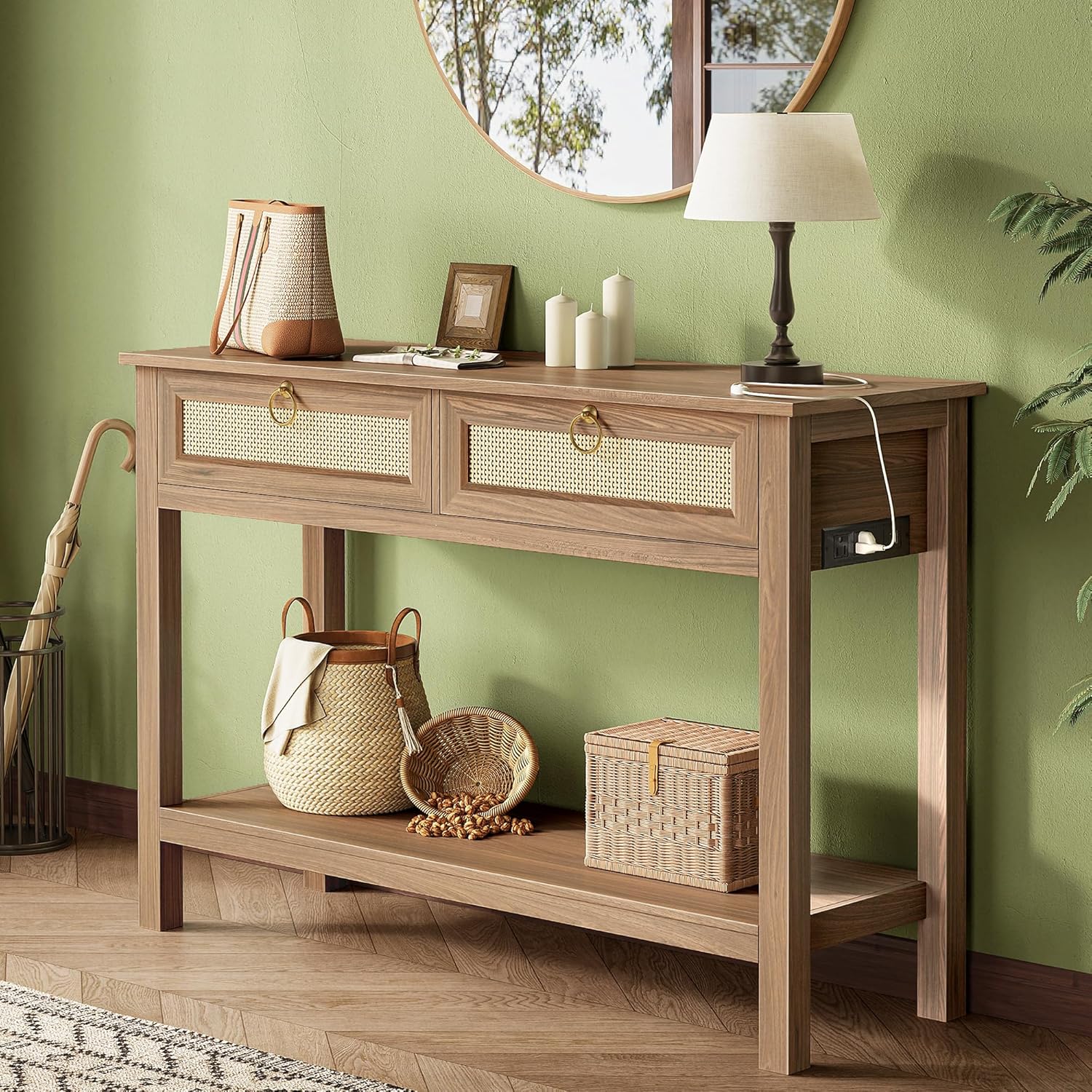 SUPERJARE Rattan Console Sofa Table with Outlets and USB-C Port, 3 Drawer Entryway Table with Synthetic Rattan Surface, Open Shelf, Behind Couch Entry Foyer Hallway Storage, Natural