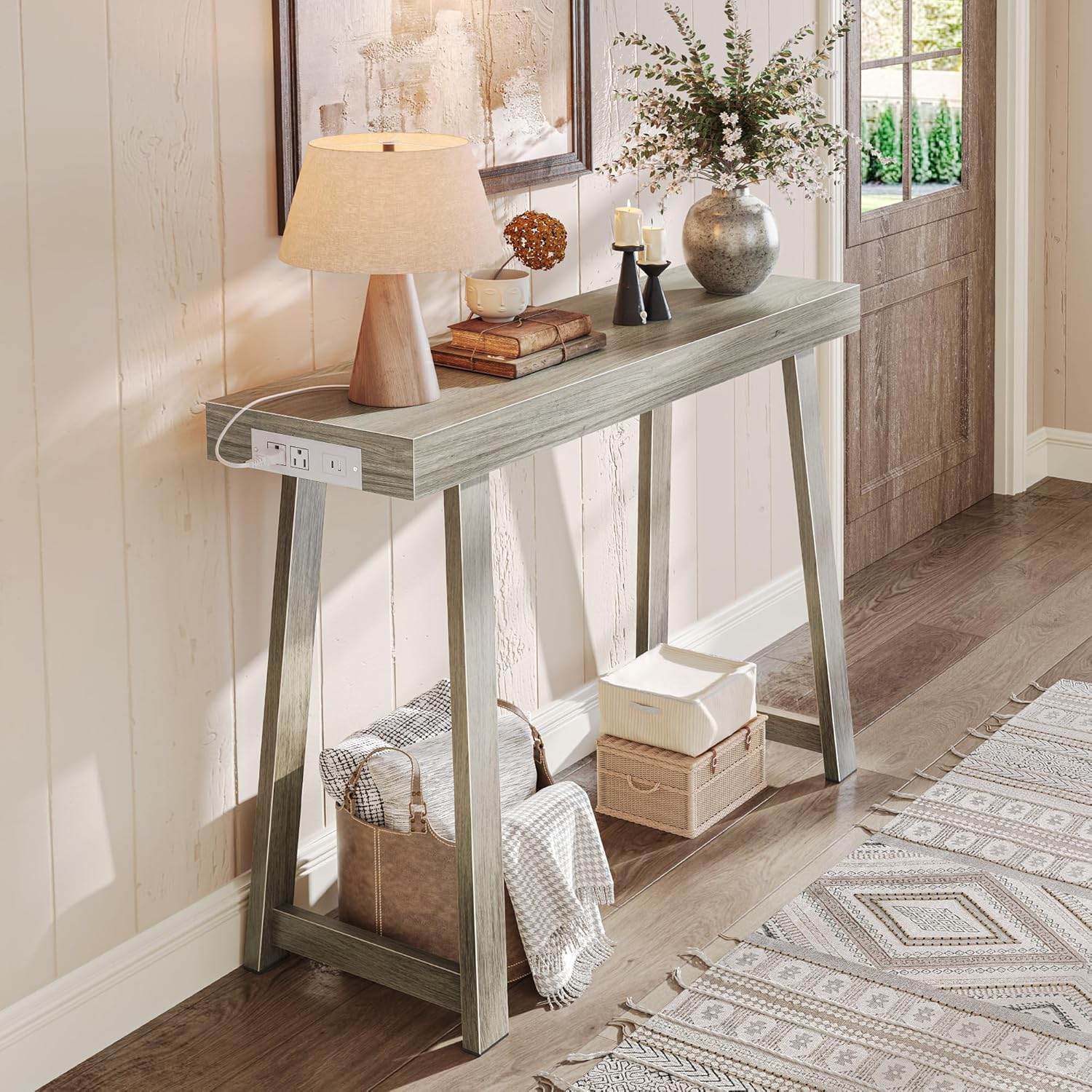 Huuger Entryway Console Table with Charging Station, USB-C Port, 47.2 Inch Sofa Table with Metal Legs, Entry Hallway Table with Thicker Desktop, Modern Behind Couch Table, Rustic Brown