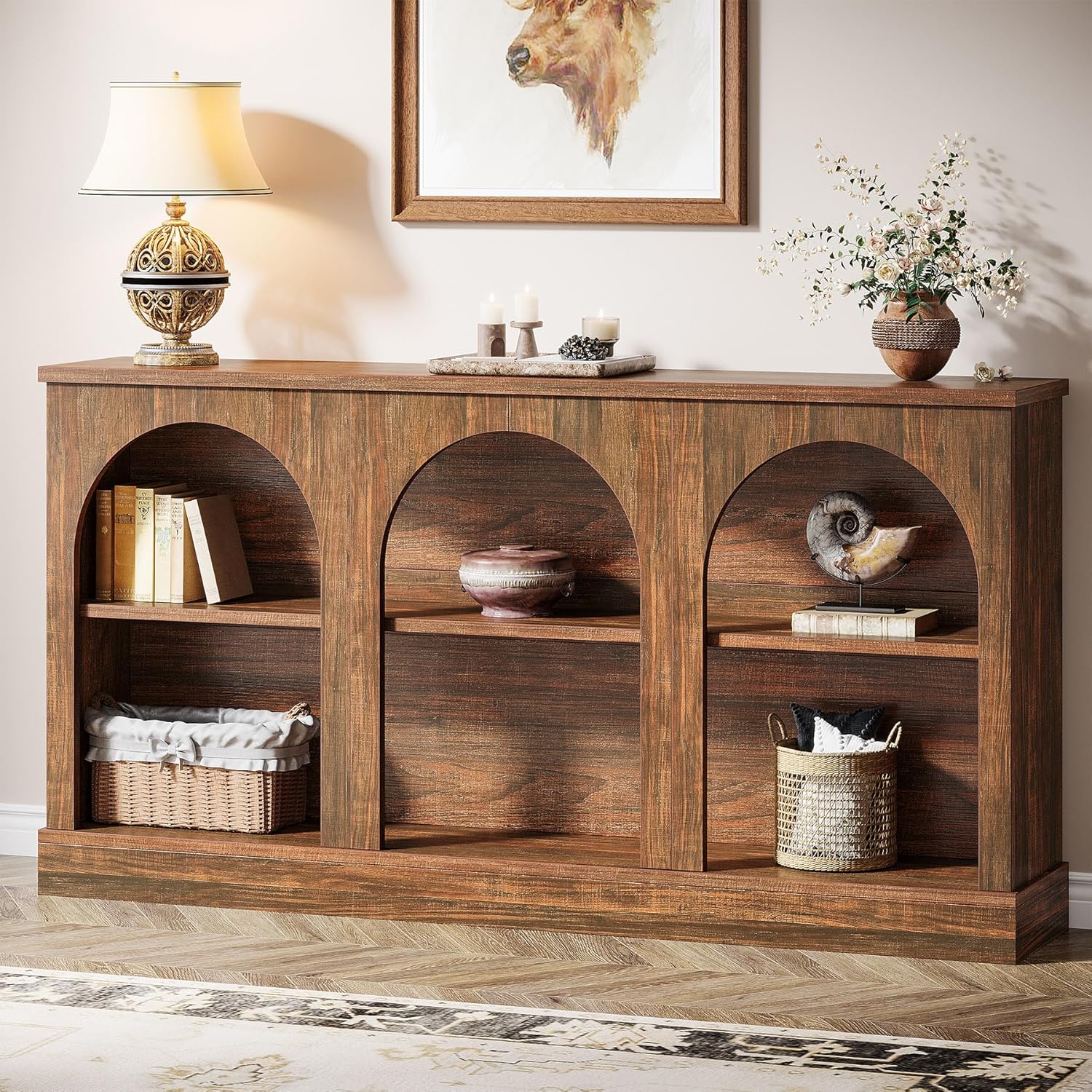 Tribesigns Farmhouse Console Table, 63-Inch Long Entryway Table with 3 Tier Storage, Wooden Rectangular Sofa Table Behind The Couch for Entrance, Hallway, Living Room, Brown | Entryway Table, 3 Tier Storage, Rectangular, Sofa Table, Behind The Couch, Entr