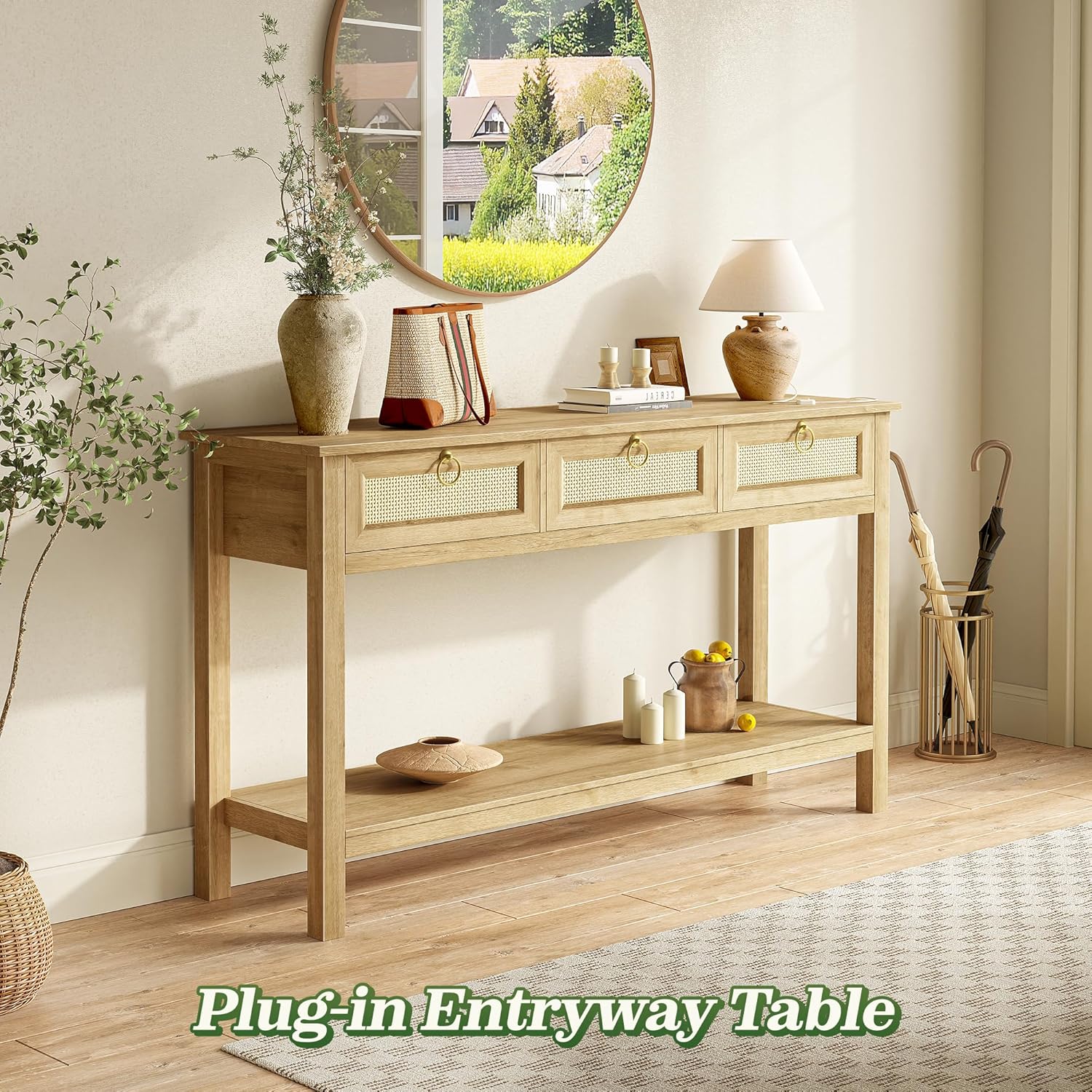 SUPERJARE Rattan Console Sofa Table with Outlets and USB-C Port, 3 Drawer Entryway Table with Synthetic Rattan Surface, Open Shelf, Behind Couch Entry Foyer Hallway Storage, Natural