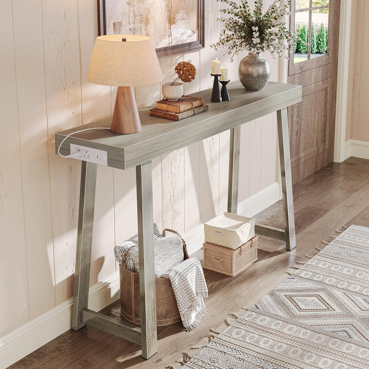 Huuger Entryway Console Table with Charging Station, USB-C Port, 47.2 Inch Sofa Table with Metal Legs, Entry Hallway Table with Thicker Desktop, Modern Behind Couch Table, Rustic Brown