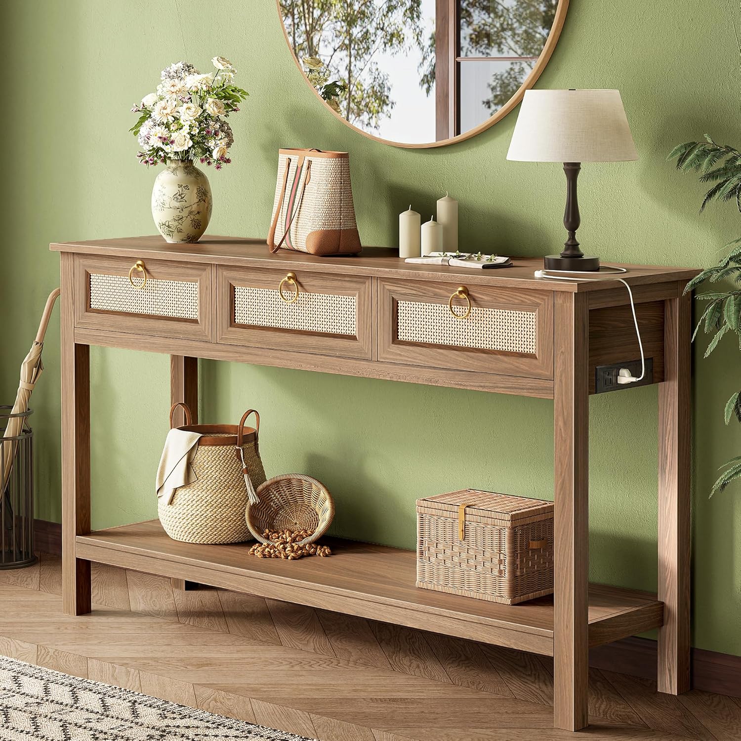 SUPERJARE Rattan Console Sofa Table with Outlets and USB-C Port, 3 Drawer Entryway Table with Synthetic Rattan Surface, Open Shelf, Behind Couch Entry Foyer Hallway Storage, Natural