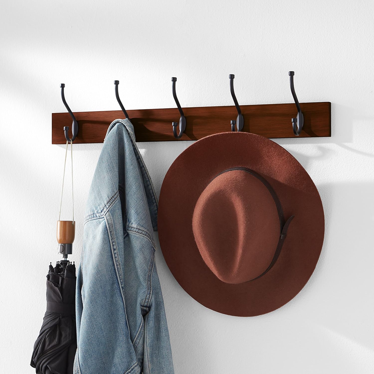 Amazon Basics Wall-Mounted Coat Rack, 5 Hook, Light Walnut | Farmhouse, Rectangular