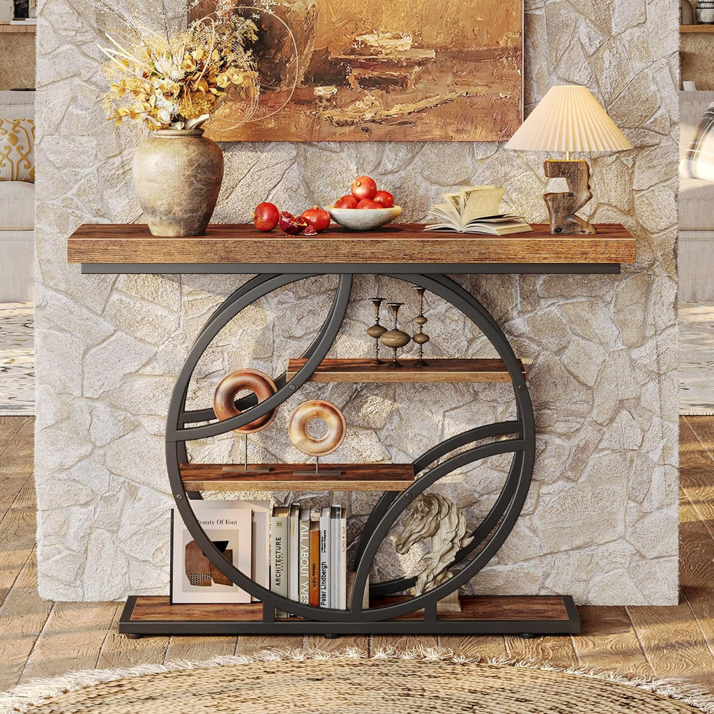Huuger 41.3 Inch Entryway Table, Industrial Console Sofa Table with Storage, Accent Table with Shelves, for Entry, Hallway, Entrance, Foyer, O-Shaped Metal Frame, Rustic Brown