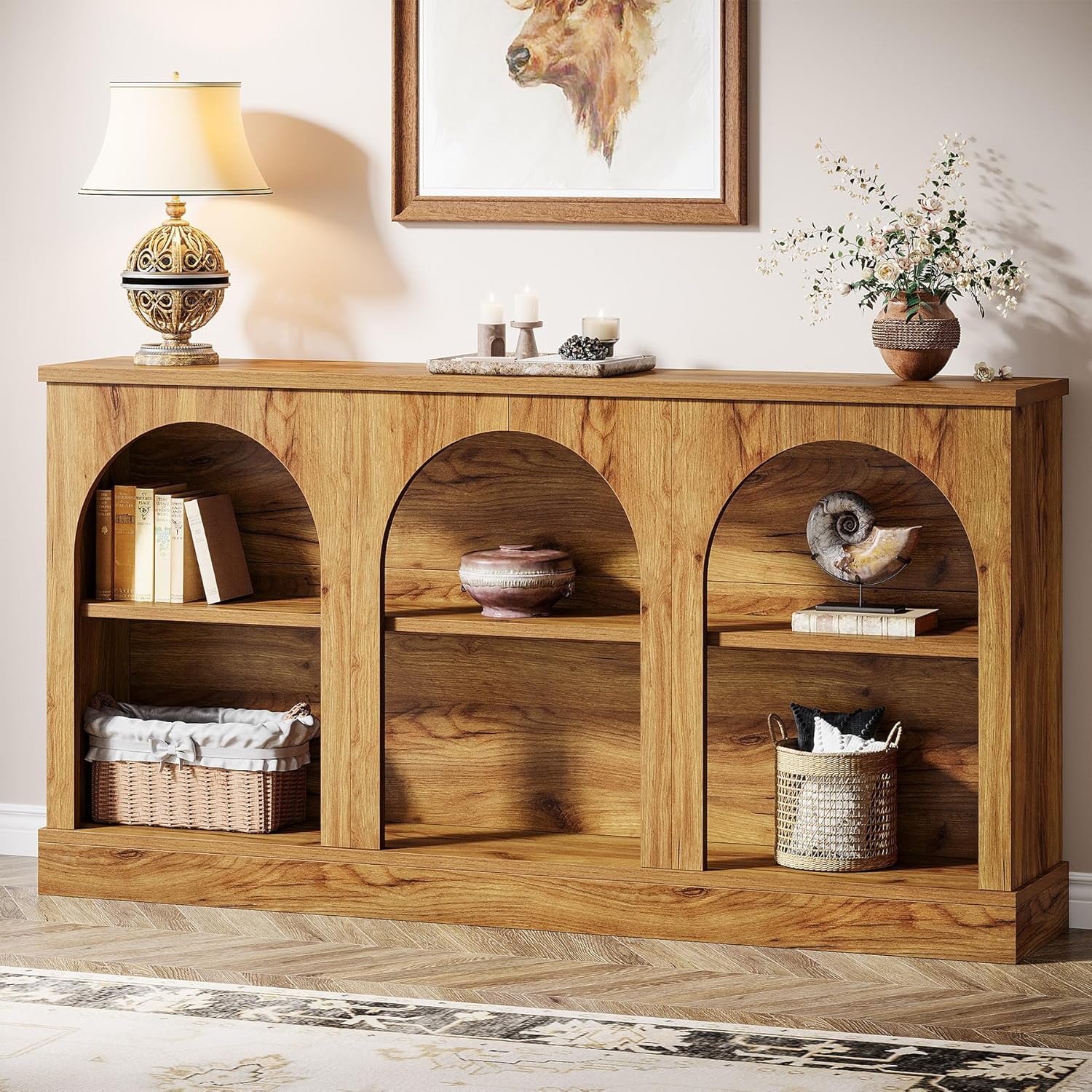 Tribesigns Farmhouse Console Table, 63-Inch Long Entryway Table with 3 Tier Storage, Wooden Rectangular Sofa Table Behind The Couch for Entrance, Hallway, Living Room, Brown | Entryway Table, 3 Tier Storage, Rectangular, Sofa Table, Behind The Couch, Entr