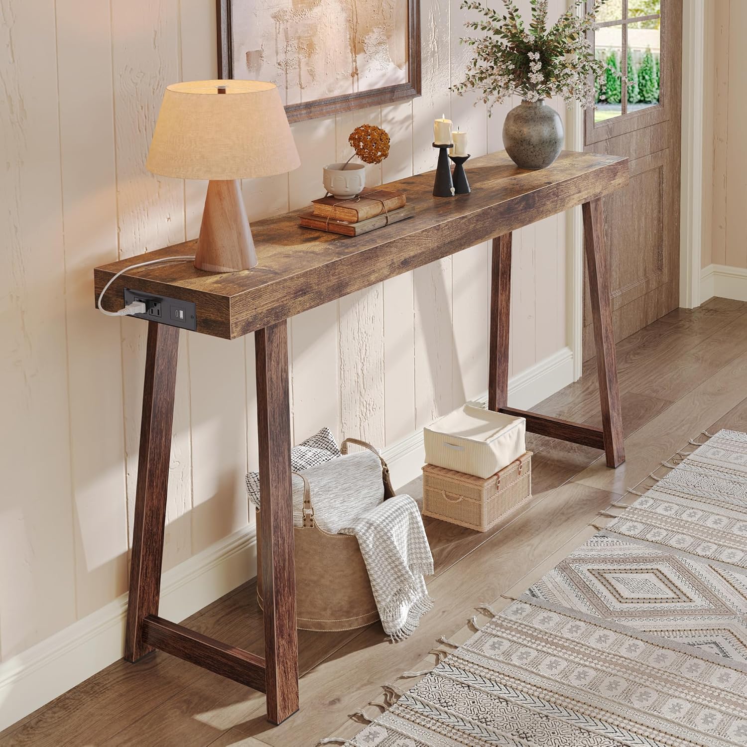 Huuger Entryway Console Table with Charging Station, USB-C Port, 47.2 Inch Sofa Table with Metal Legs, Entry Hallway Table with Thicker Desktop, Modern Behind Couch Table, Rustic Brown
