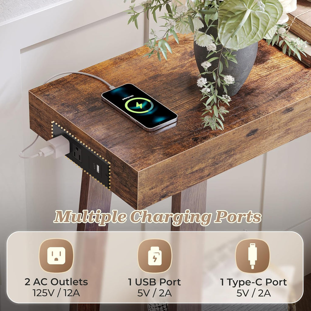 Huuger Entryway Console Table with Charging Station, USB-C Port, 47.2 Inch Sofa Table with Metal Legs, Entry Hallway Table with Thicker Desktop, Modern Behind Couch Table, Rustic Brown