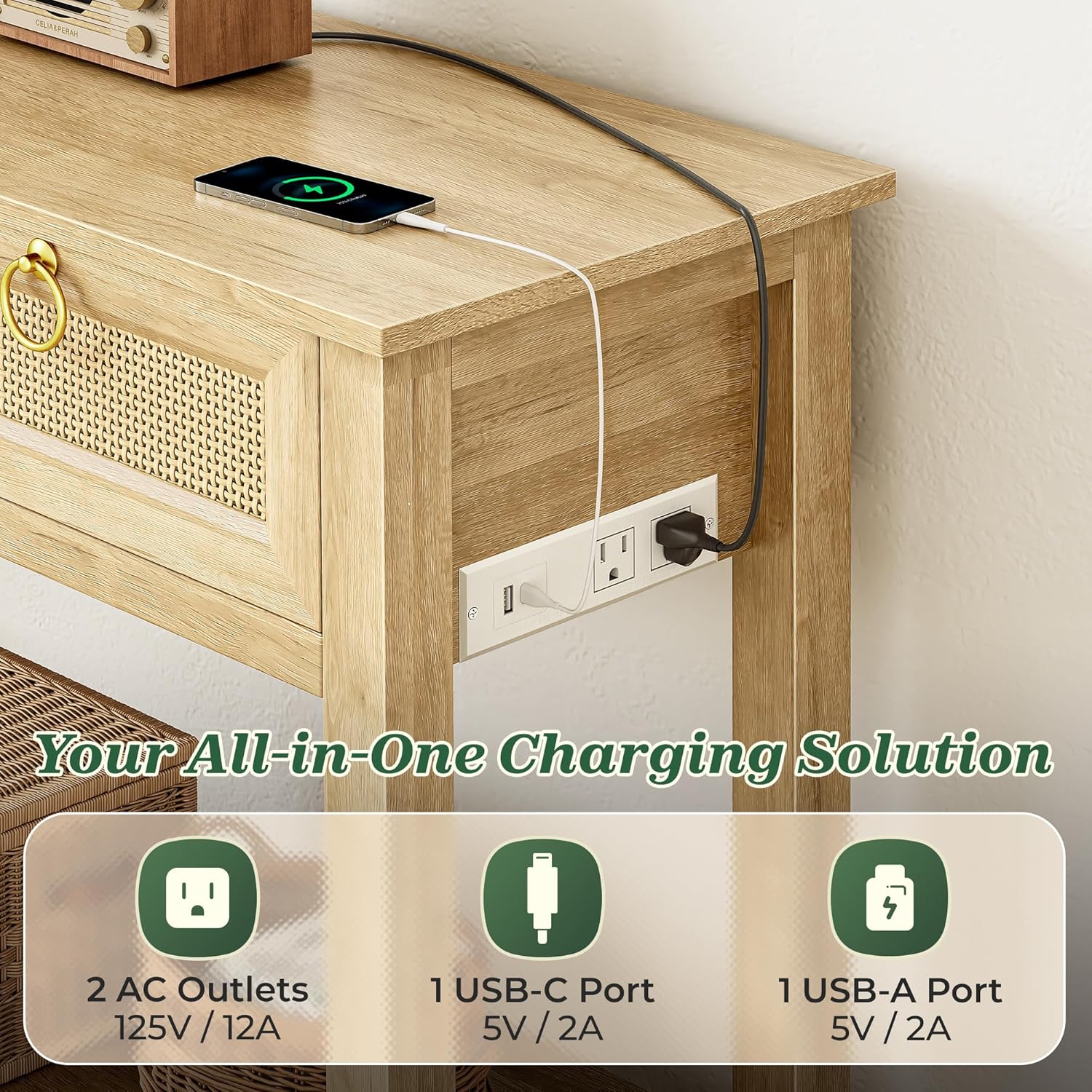 SUPERJARE Rattan Console Sofa Table with Outlets and USB-C Port, 3 Drawer Entryway Table with Synthetic Rattan Surface, Open Shelf, Behind Couch Entry Foyer Hallway Storage, Natural