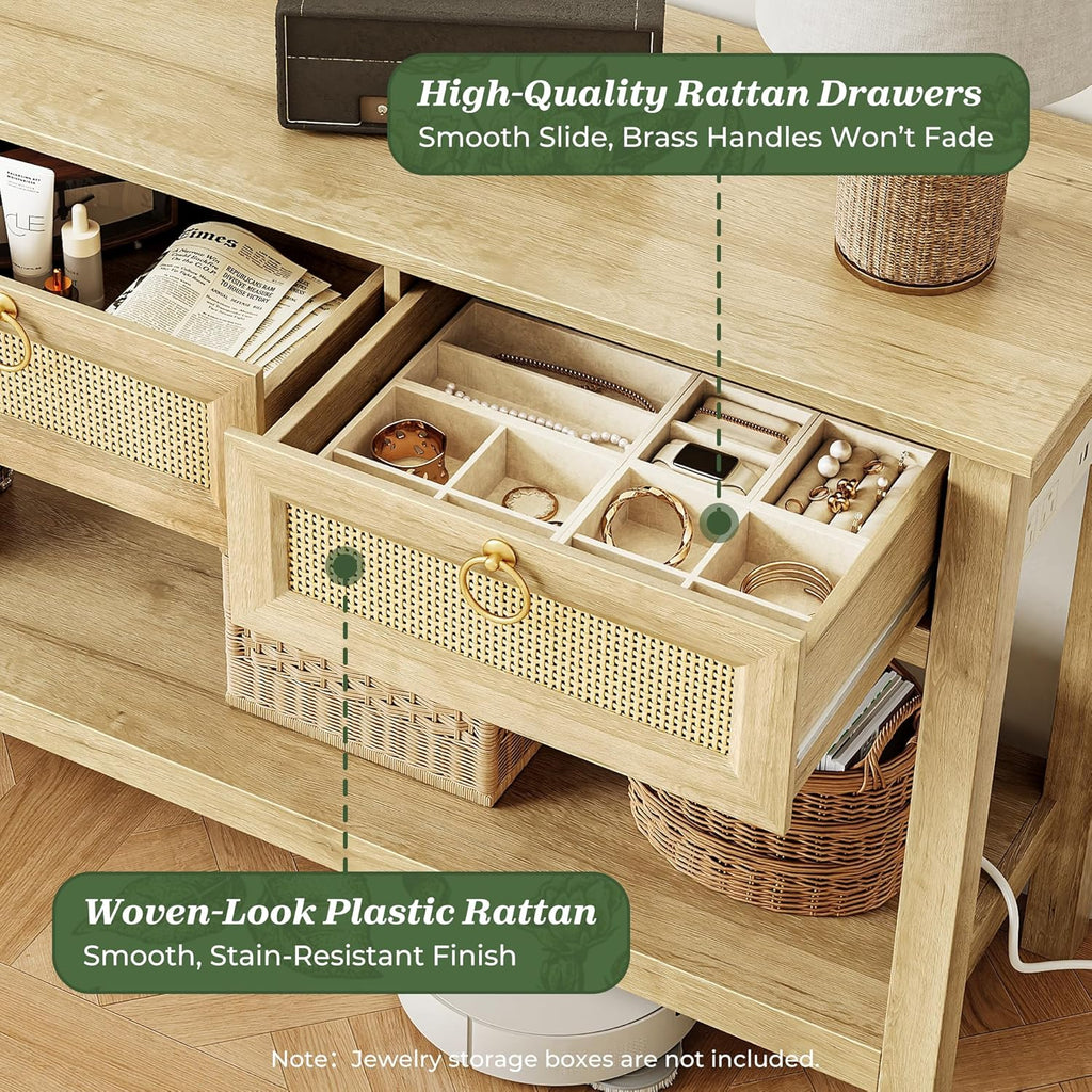 SUPERJARE Rattan Console Sofa Table with Outlets and USB-C Port, 3 Drawer Entryway Table with Synthetic Rattan Surface, Open Shelf, Behind Couch Entry Foyer Hallway Storage, Natural